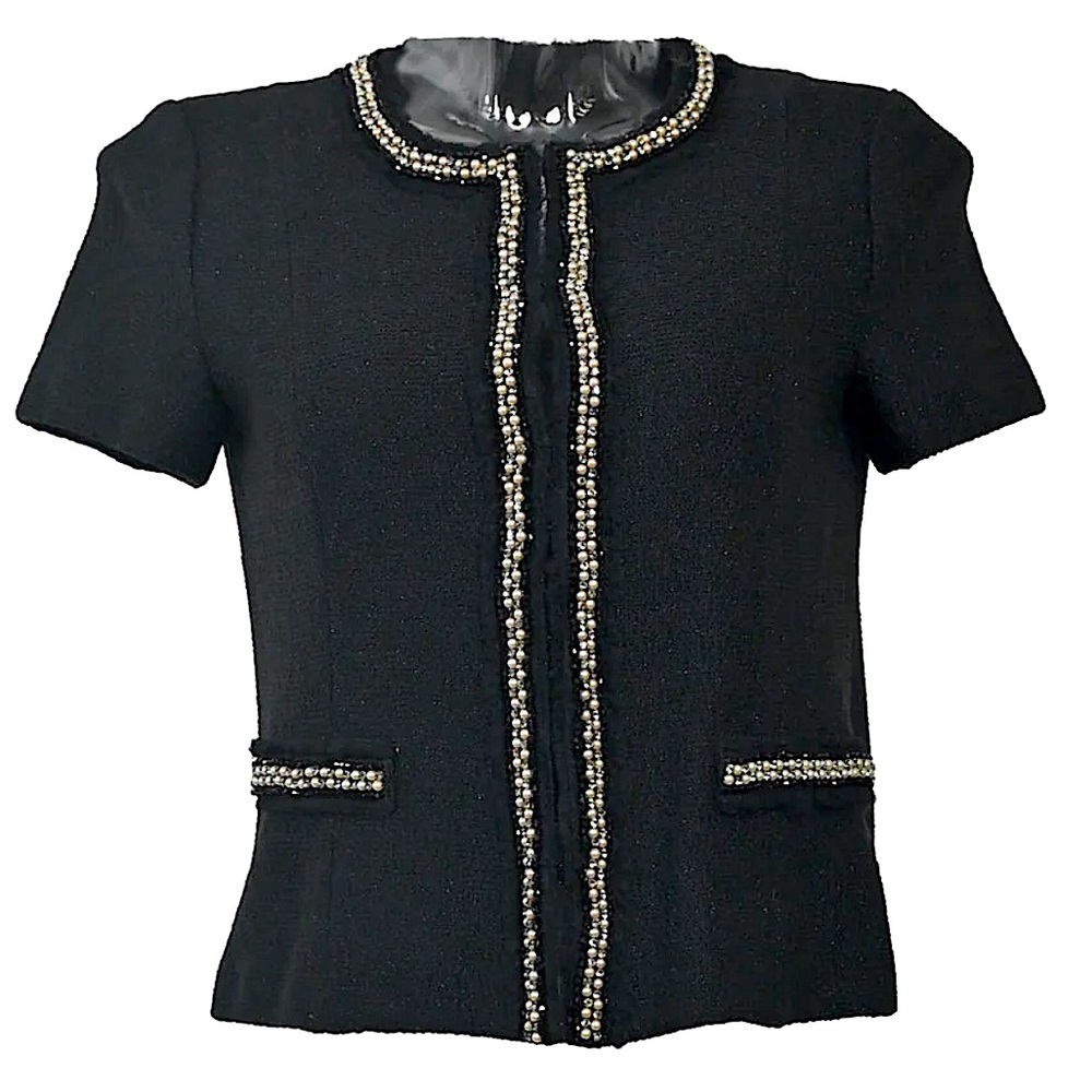 ST. JOHN KNIT bouclé knit short sleeve cardigan jacket embellished pearl crystal
